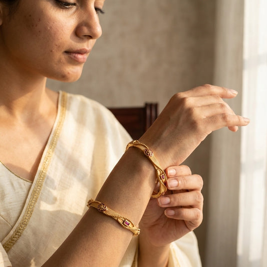 Elegant 2-Piece Gold Plated Bangle Set with Traditional Ruby-Red Accents and Floral Textured Detailing for Women