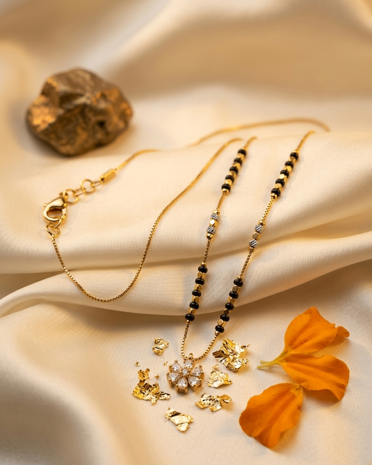 Gold-Plated Floral Mangalsutra with Traditional Black Beads