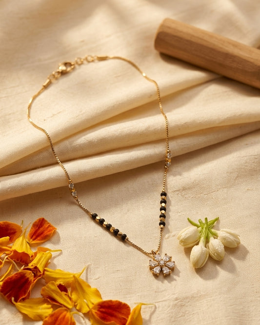 Gold-Plated Floral Mangalsutra with Traditional Black Beads