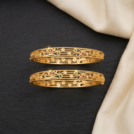 Elegant Brass Daily Wear Bangles with Multi-Color Stone Accents (Set of 2)