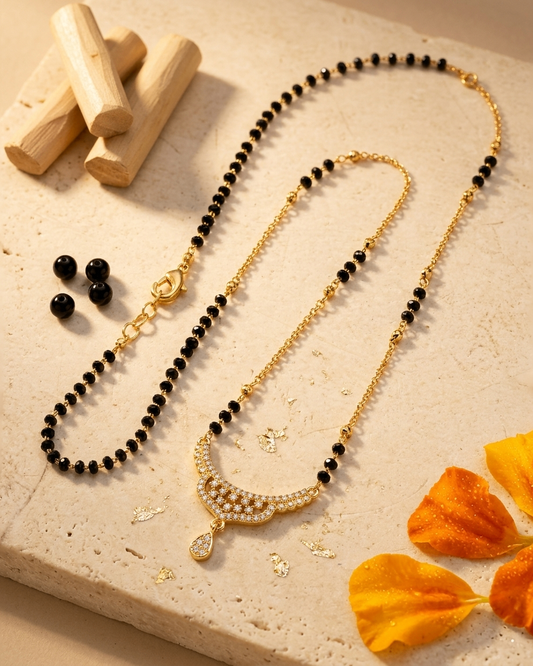 Gold and Black Bead Mangalsutra with Studded Curve Pendant