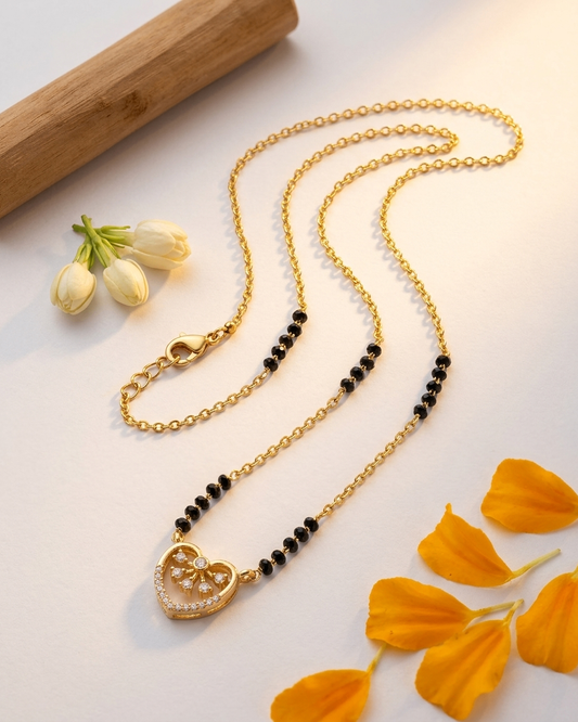 Gold-Plated Heart Pendant Mangalsutra with Black Beads