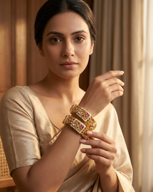 2-Piece Gold Plated Antique Kada Bangles Set with Ruby Stones and Meenakari Enamel Work for Women