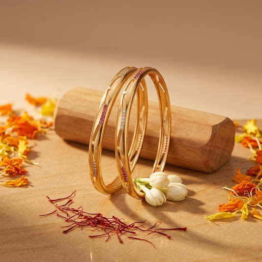 Elegant Brass Daily Wear Bangles with Ruby & White Stone Accents - Set of 2