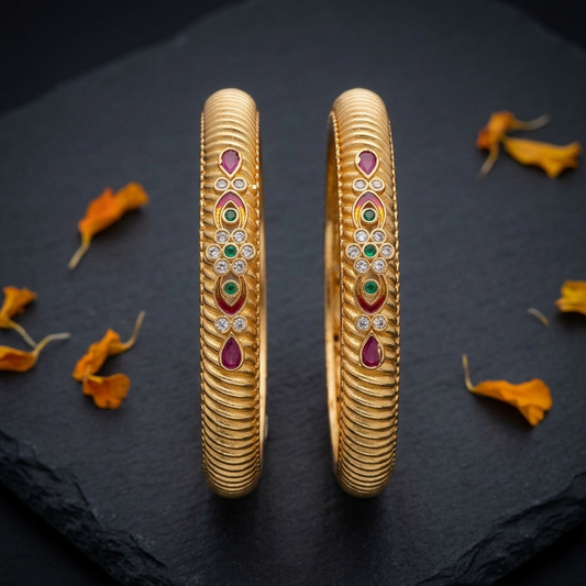 The Royal Heritage Ridged Bangles (Set of 2) ÔøΩ Antique Gold with Ruby & Emerald Inlays
