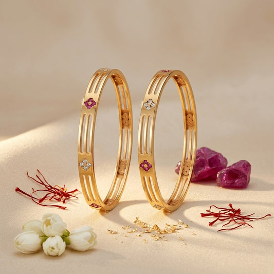 Daily Wear Gold-Plated Brass Bangles with Sleek Cutouts and Stone Flowers (Set of 2)