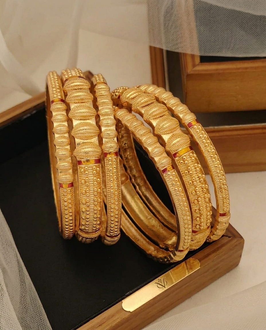 Elegant Brass Gold-Toned Textured Bangle Set ÔøΩ Durable Daily Wear Classic Kada Bangles