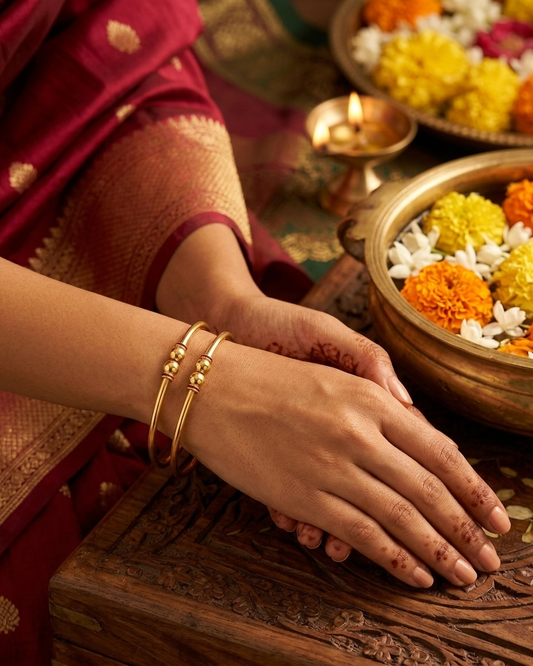 Traditional Daily Wear Gold Plated Thin Kada Bangles - Set of 2 with Maroon Enamel Accents