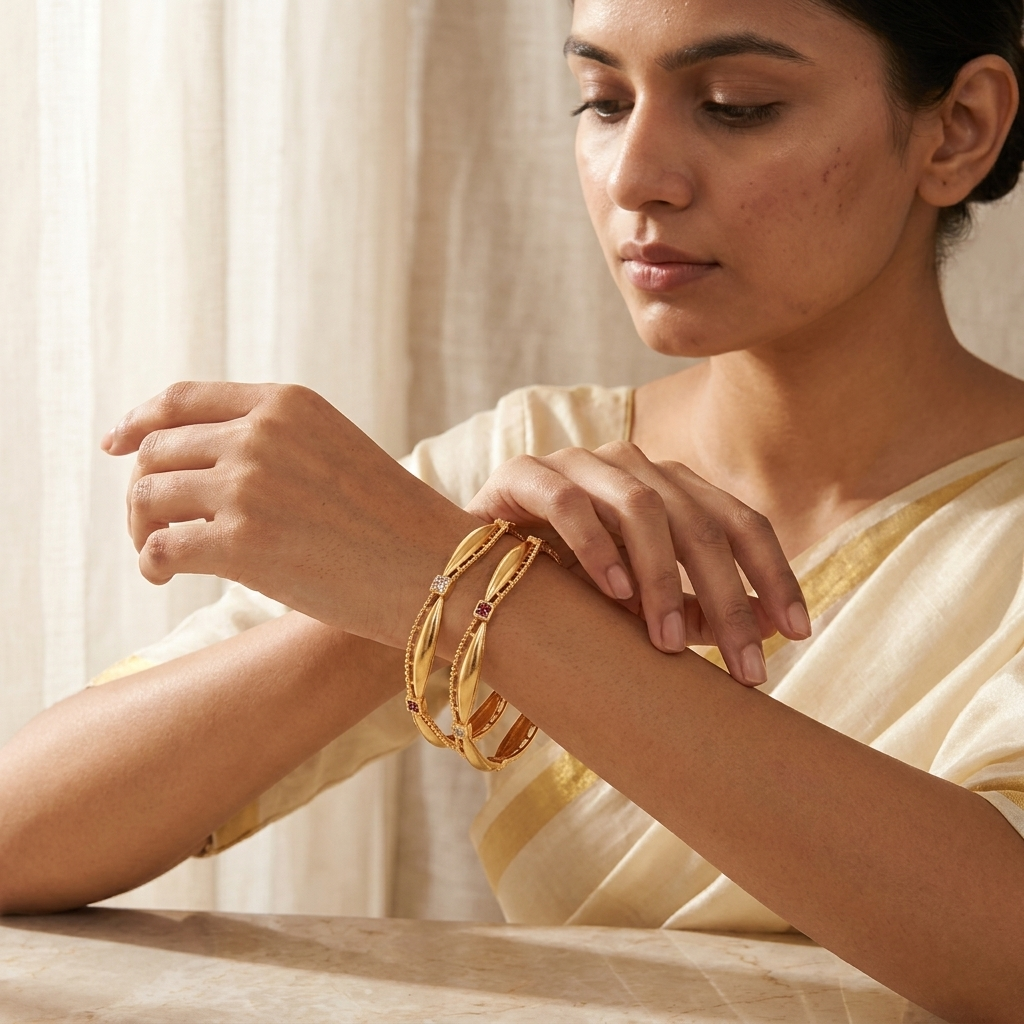 The Aura Wave Kada Set ÔøΩ  Gold Plated Bangles with Ruby & Cubic Zirconia (Set of 2)
