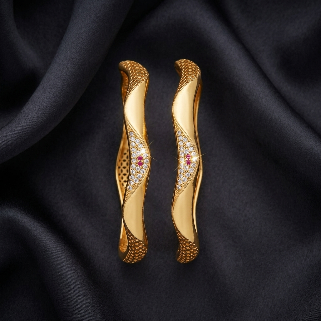 The Aurelia Wave Bangle Set (Set of 2) ÔøΩ Gold Textured Kada with CZ & Ruby Accents