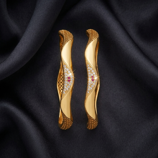 The Aurelia Wave Bangle Set (Set of 2) ÔøΩ Gold Textured Kada with CZ & Ruby Accents