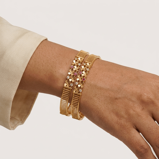 Daily Wear Brass Floral Bangles with Ruby & White Stone Accents (Set of 2)
