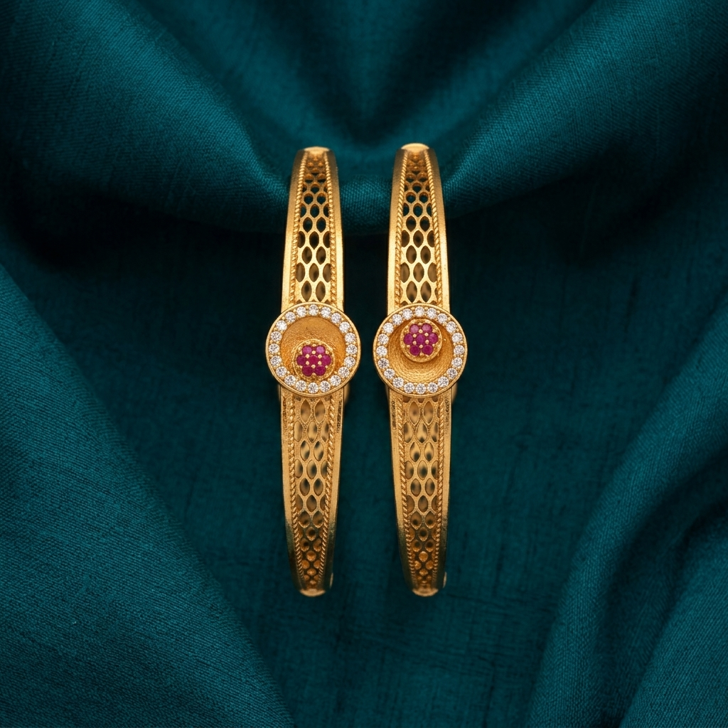 The Royal Filigree Cuff Set ÔøΩ  Gold Plated Openwork Bangles with Faux Ruby & CZ Medallions (Set of 2)