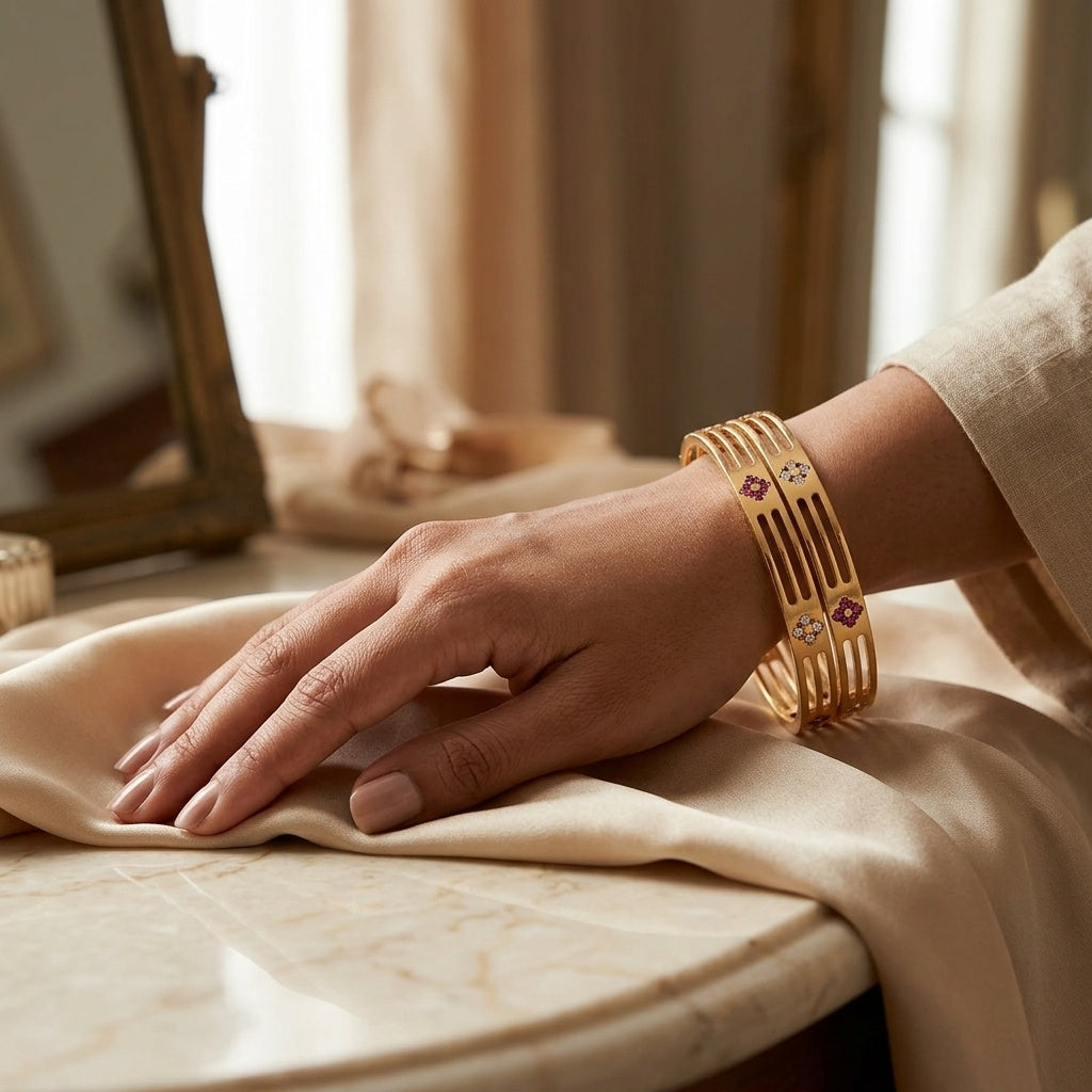 Daily Wear Gold-Plated Brass Bangles with Sleek Cutouts and Stone Flowers (Set of 2)
