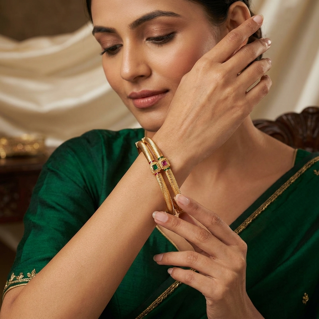 Elegant Brass Daily Wear Kada Bangles with Emerald & Ruby Glass Stones (Set of 2)