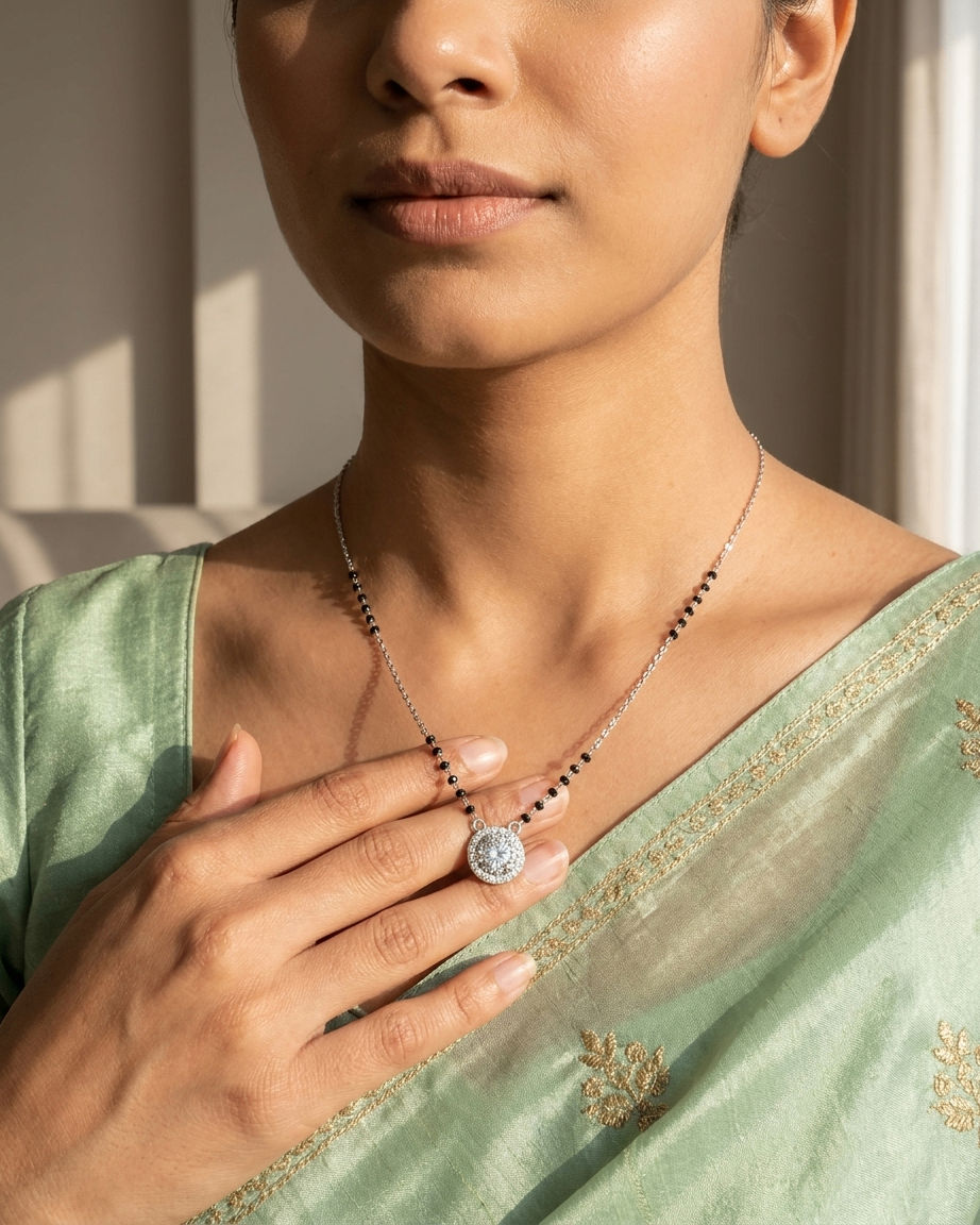 Silver-Plated Round CZ Pendant Mangalsutra