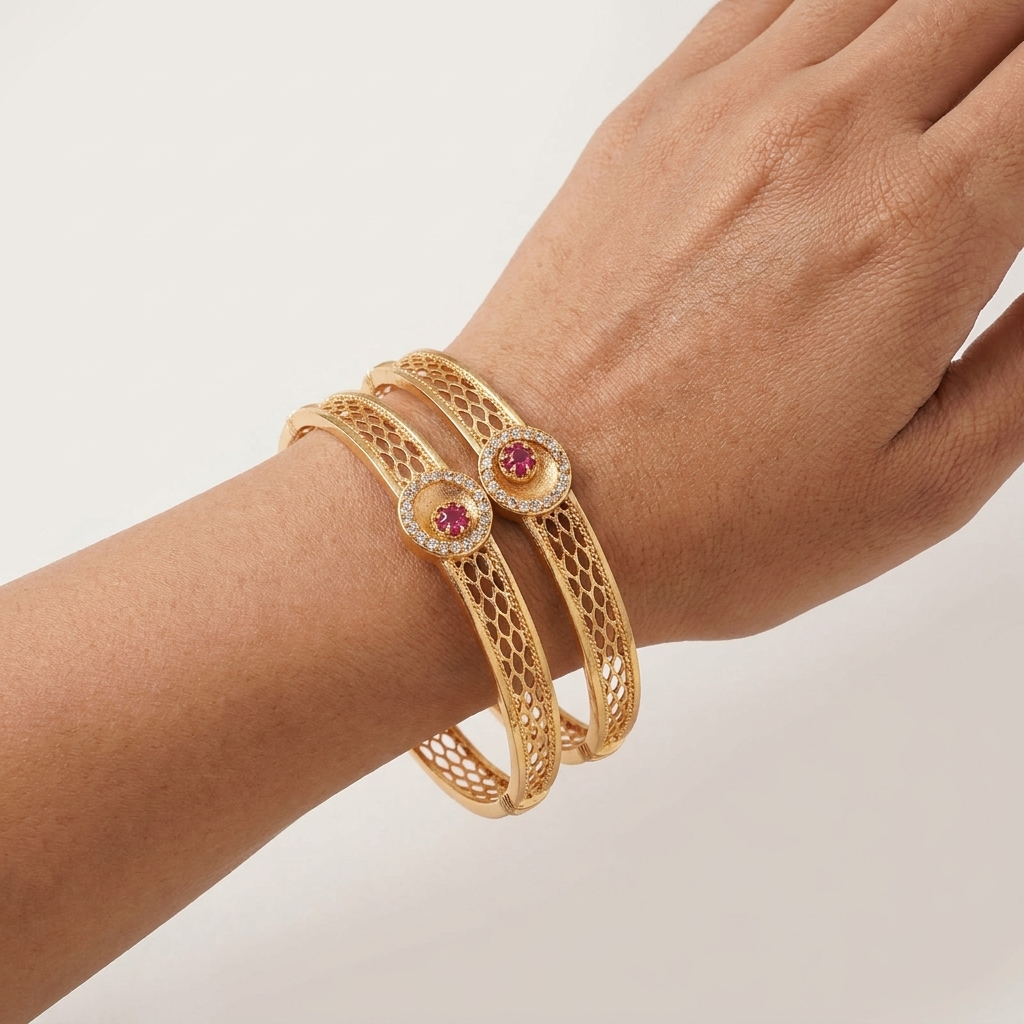 The Royal Filigree Cuff Set ÔøΩ  Gold Plated Openwork Bangles with Faux Ruby & CZ Medallions (Set of 2)
