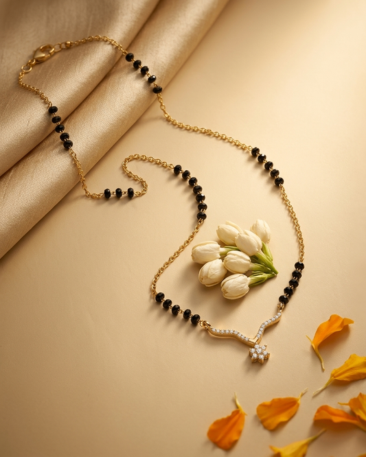 Gold-Plated V-Curve Mangalsutra with Floral CZ Pendant