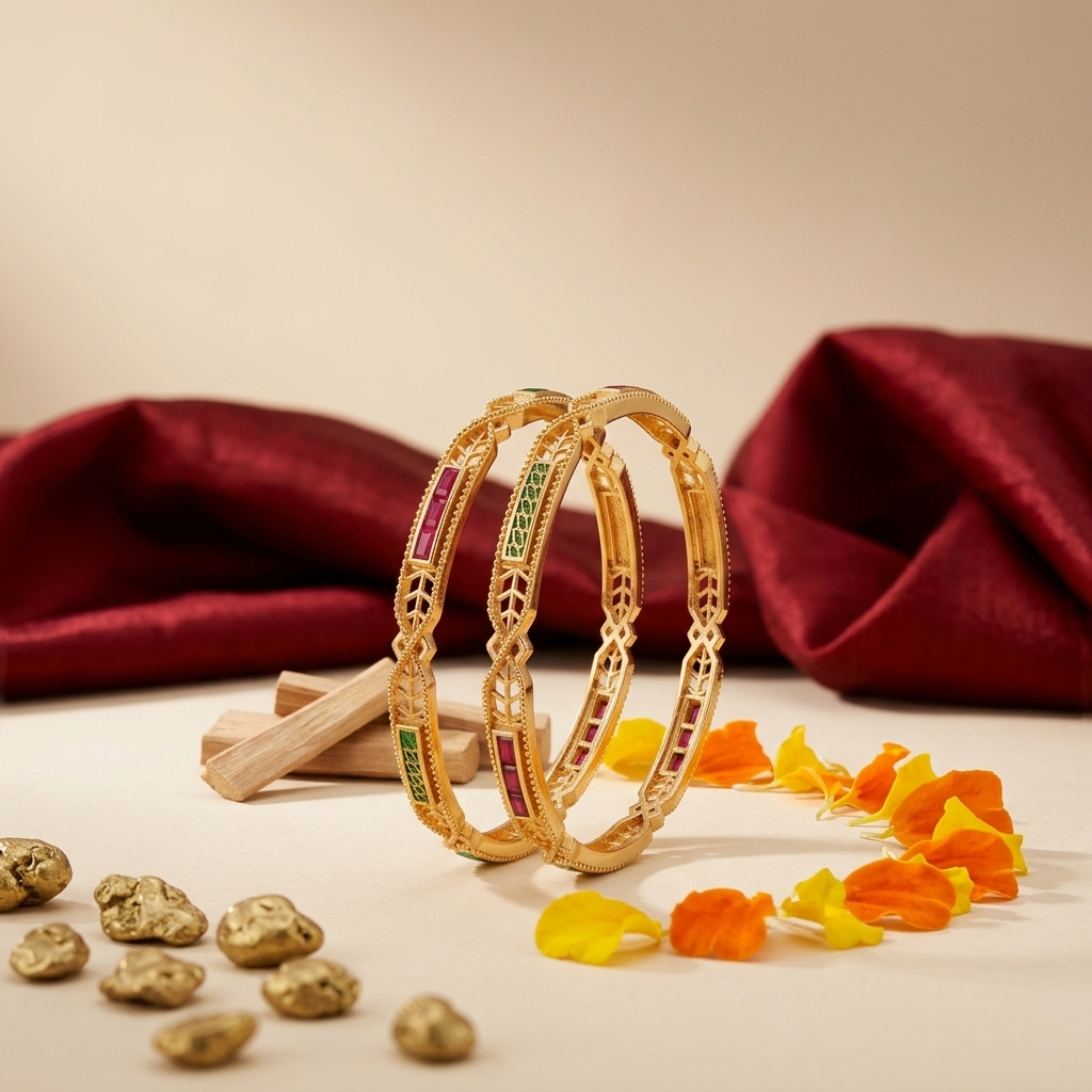 Elegant Brass Daily Wear Bangles with Ruby & Emerald Stones ÔøΩ Set of 2