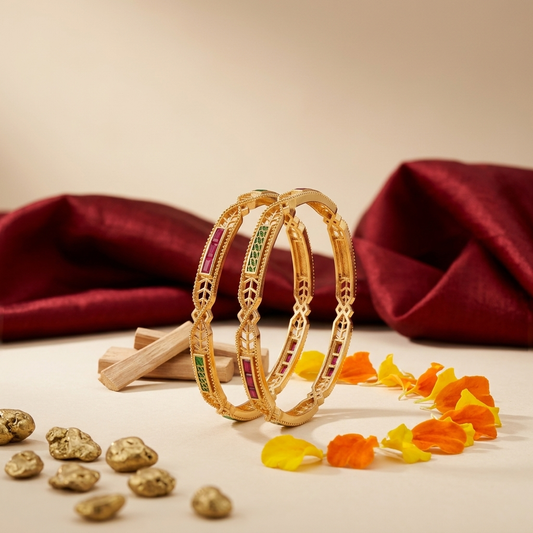 Elegant Brass Daily Wear Bangles with Ruby & Emerald Stones ÔøΩ Set of 2