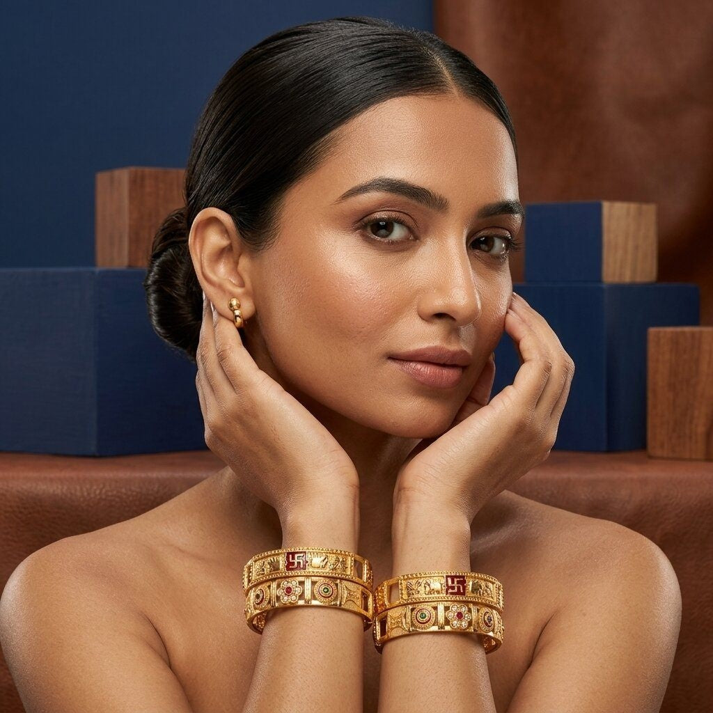 Daily Wear Gold-Plated Brass Bangles with Floral and Traditional Motifs (Set of 2)