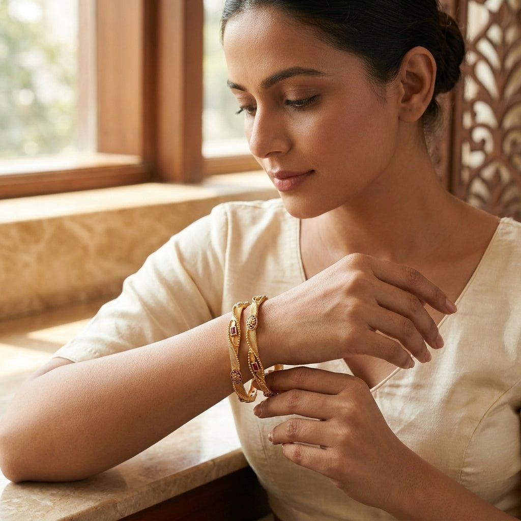 Elegant 2-Piece Gold Plated Bangle Set with Traditional Ruby-Red Accents and Floral Textured Detailing for Women
