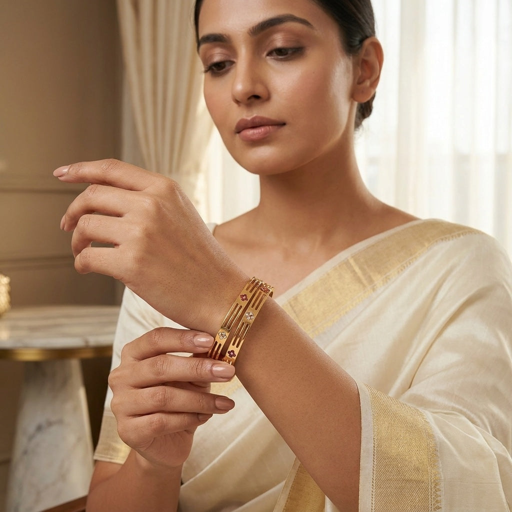 Daily Wear Gold-Plated Brass Bangles with Sleek Cutouts and Stone Flowers (Set of 2)