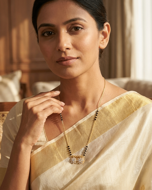 Gold-Plated Double Floral Pendant Mangalsutra with Black Beads
