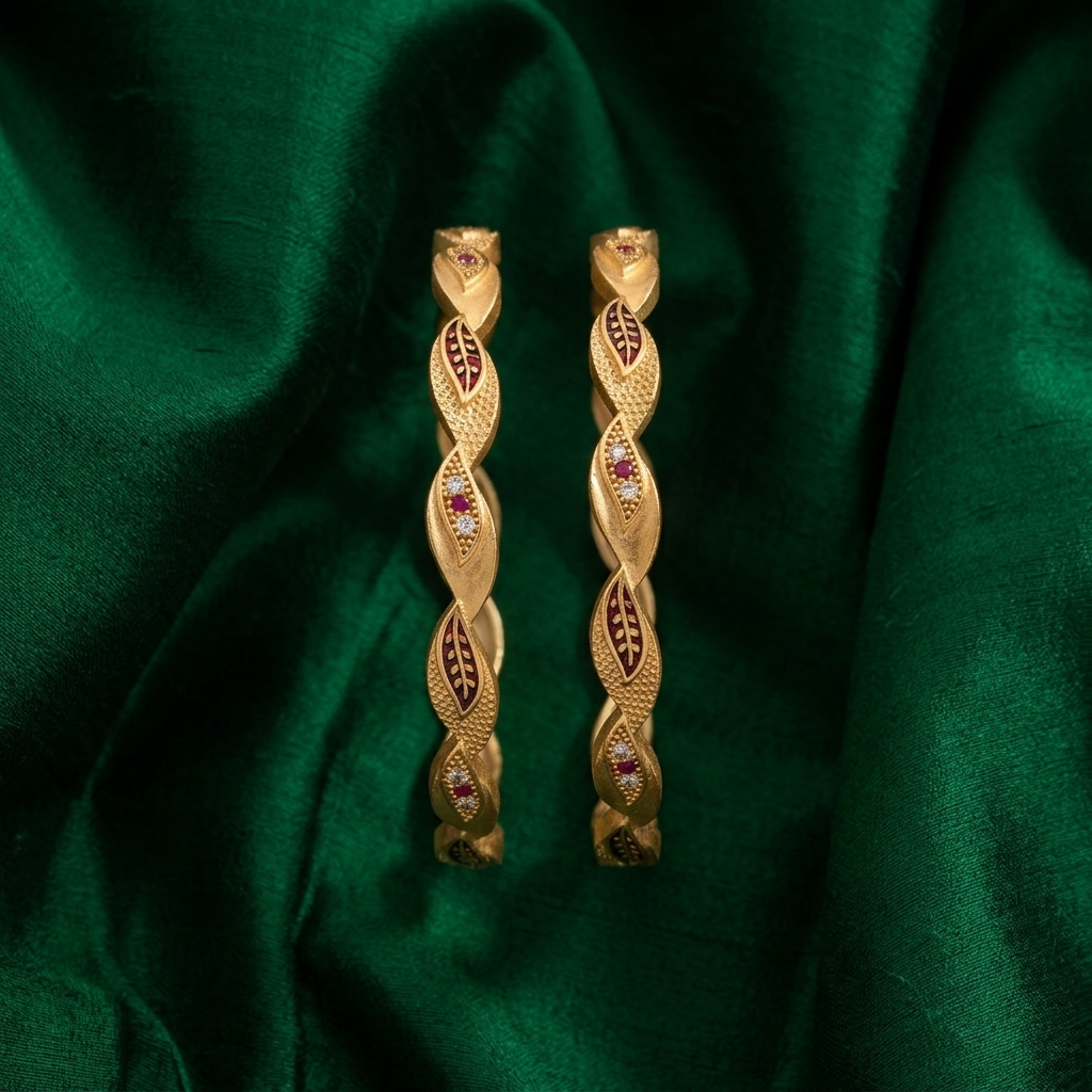 The Aura Leaf Wave Bangles (Set of 2) ÔøΩ Matte Gold with Ruby Accentuation