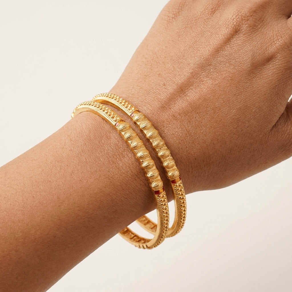 Classic Gold-Toned Antique Kada Bangles with Intricate Beading (2-Piece Set)