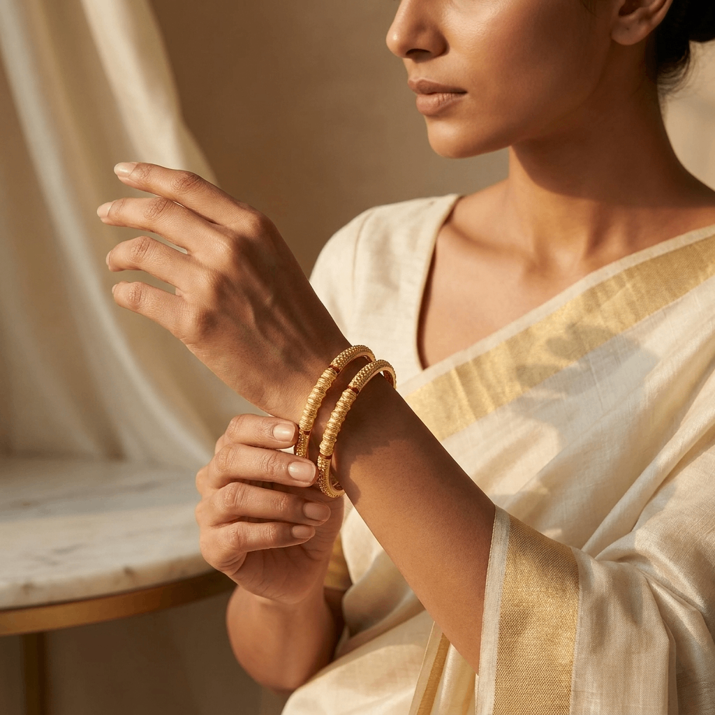 Classic Gold-Toned Antique Kada Bangles with Intricate Beading (2-Piece Set)