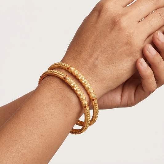 Classic Gold-Toned Antique Kada Bangles with Intricate Beading (2-Piece Set)