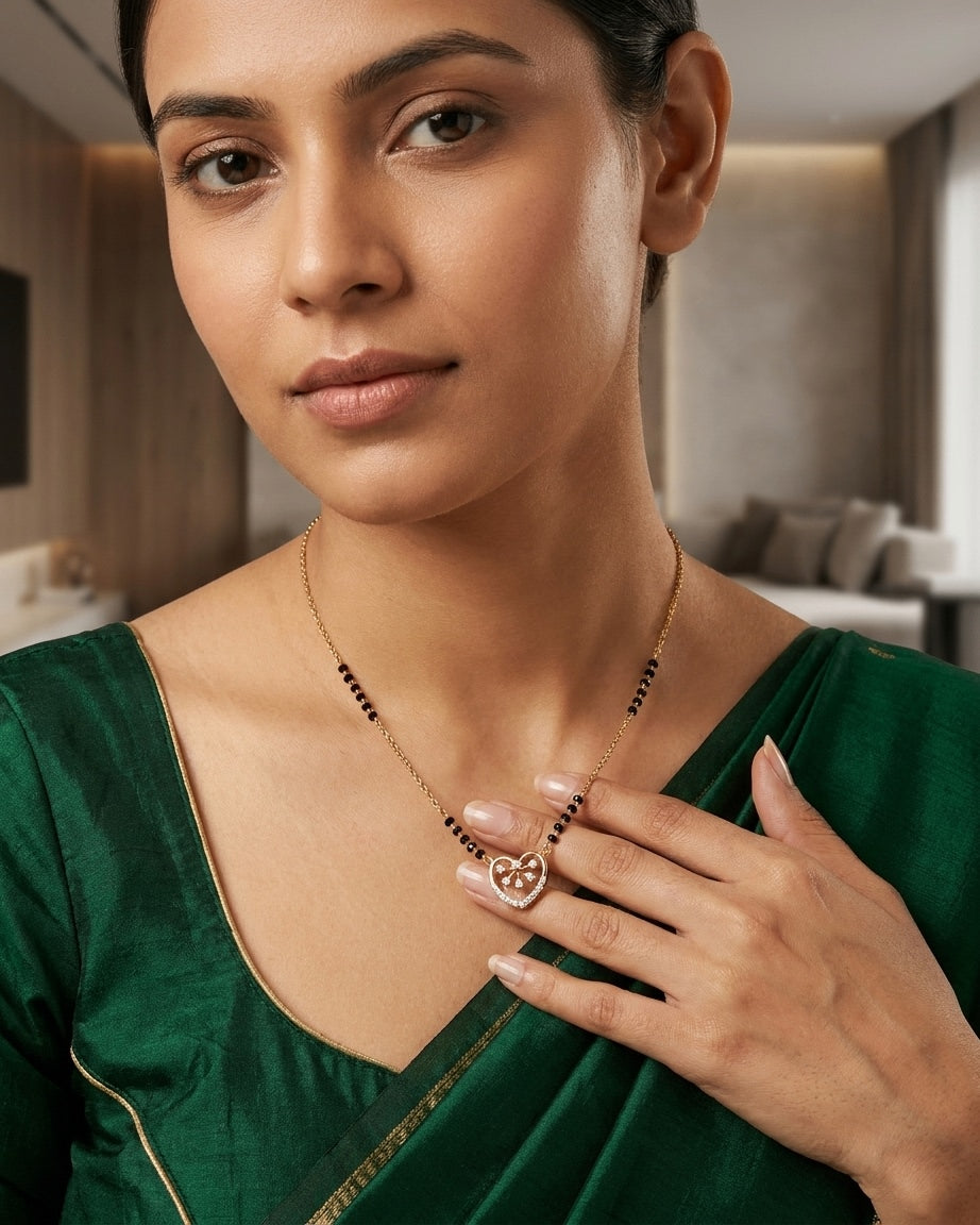 Gold-Plated Heart Pendant Mangalsutra with Black Beads