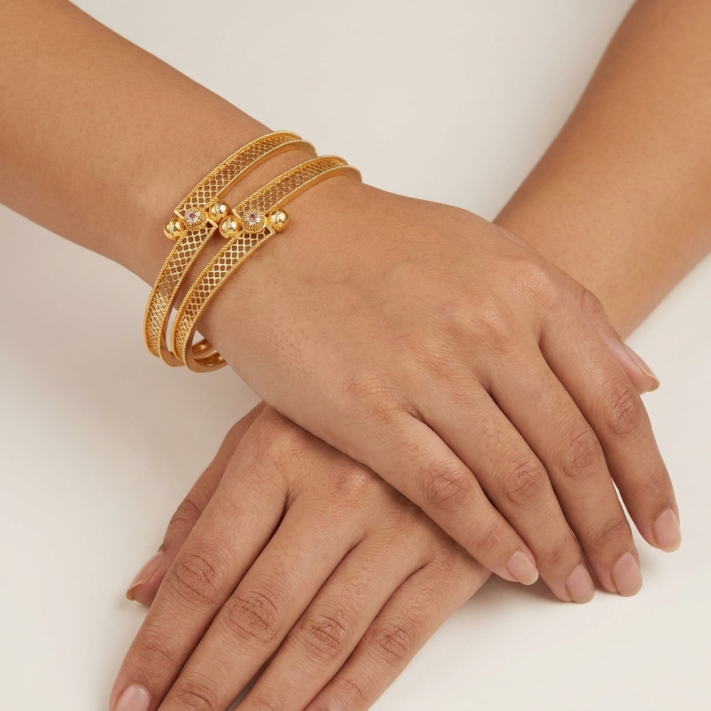 The Aura Filigree Bangle Set (Set of 2) ÔøΩ Handcrafted Gold Kada with Ruby Accents