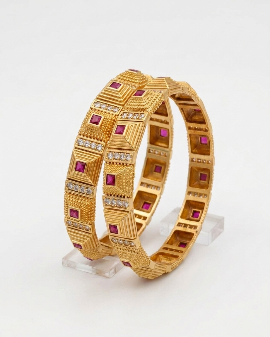Royal Ruby & Gold Geometric Bangles