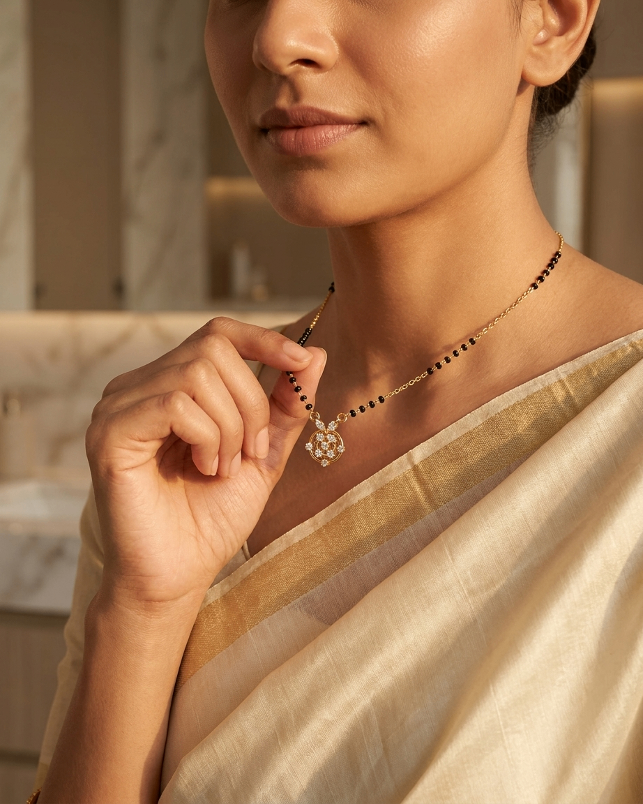 Gold-Plated Round Floral Pendant Mangalsutra with Black Beads