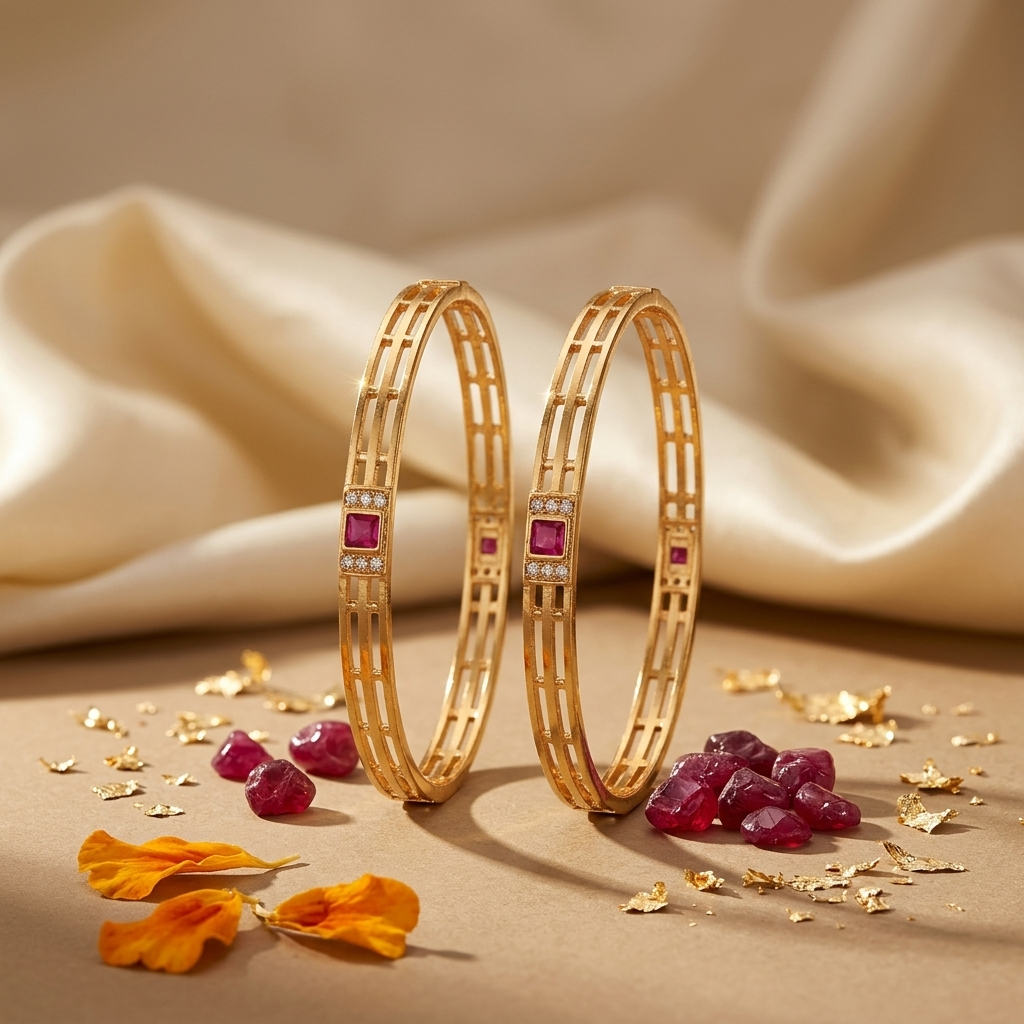 Elegant Brass Daily Wear Bangles with Ruby Red Stone Accent (Set of 2)