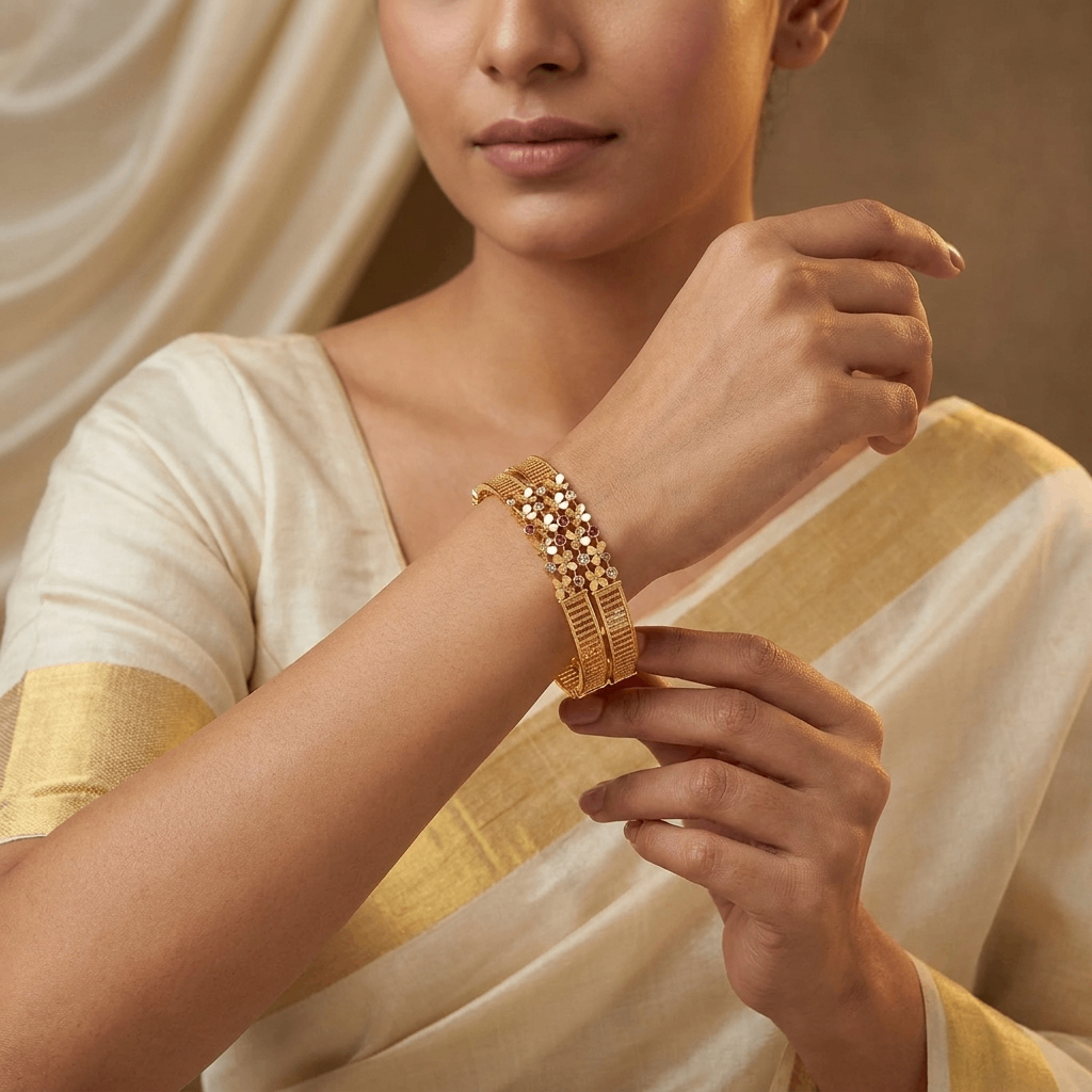 Daily Wear Brass Floral Bangles with Ruby & White Stone Accents (Set of 2)