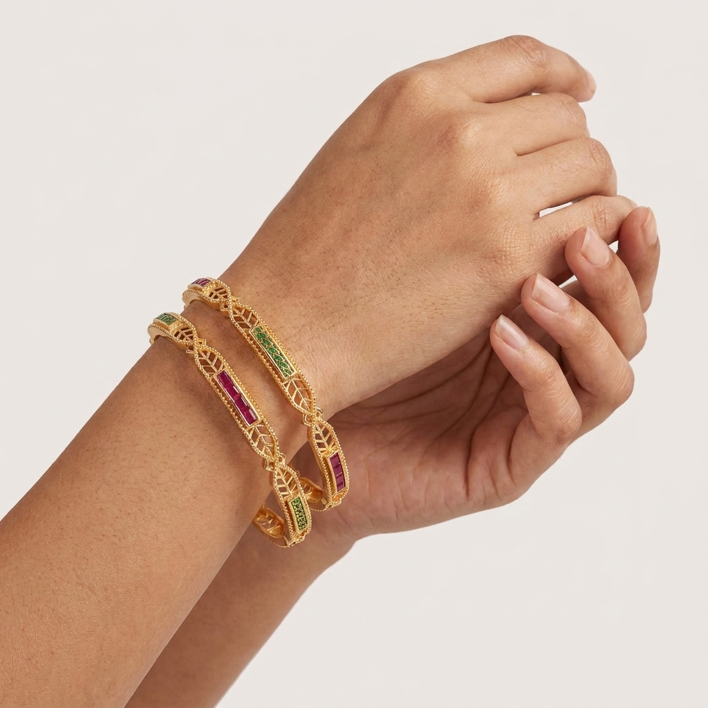 Elegant Brass Daily Wear Bangles with Ruby & Emerald Stones ÔøΩ Set of 2