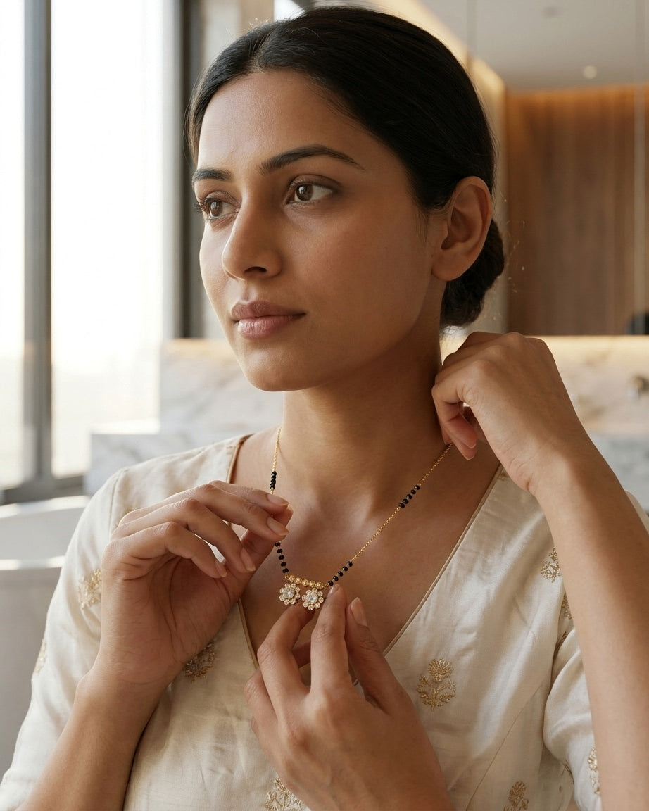 Gold-Plated Double Floral Pendant Mangalsutra with Black Beads