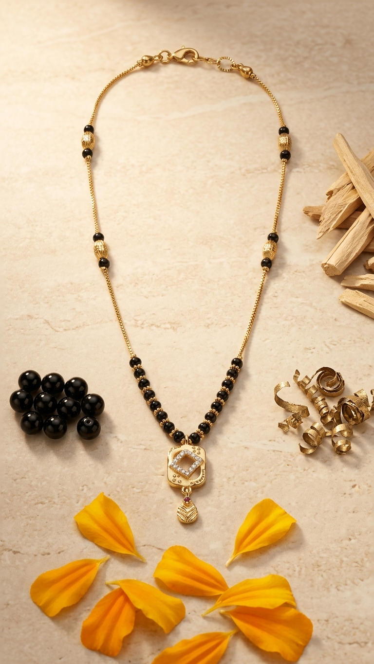 Gold-Tone Brass Rectangular Pendant Mangalsutra | 18-Inch Daily Wear with CZ Stones