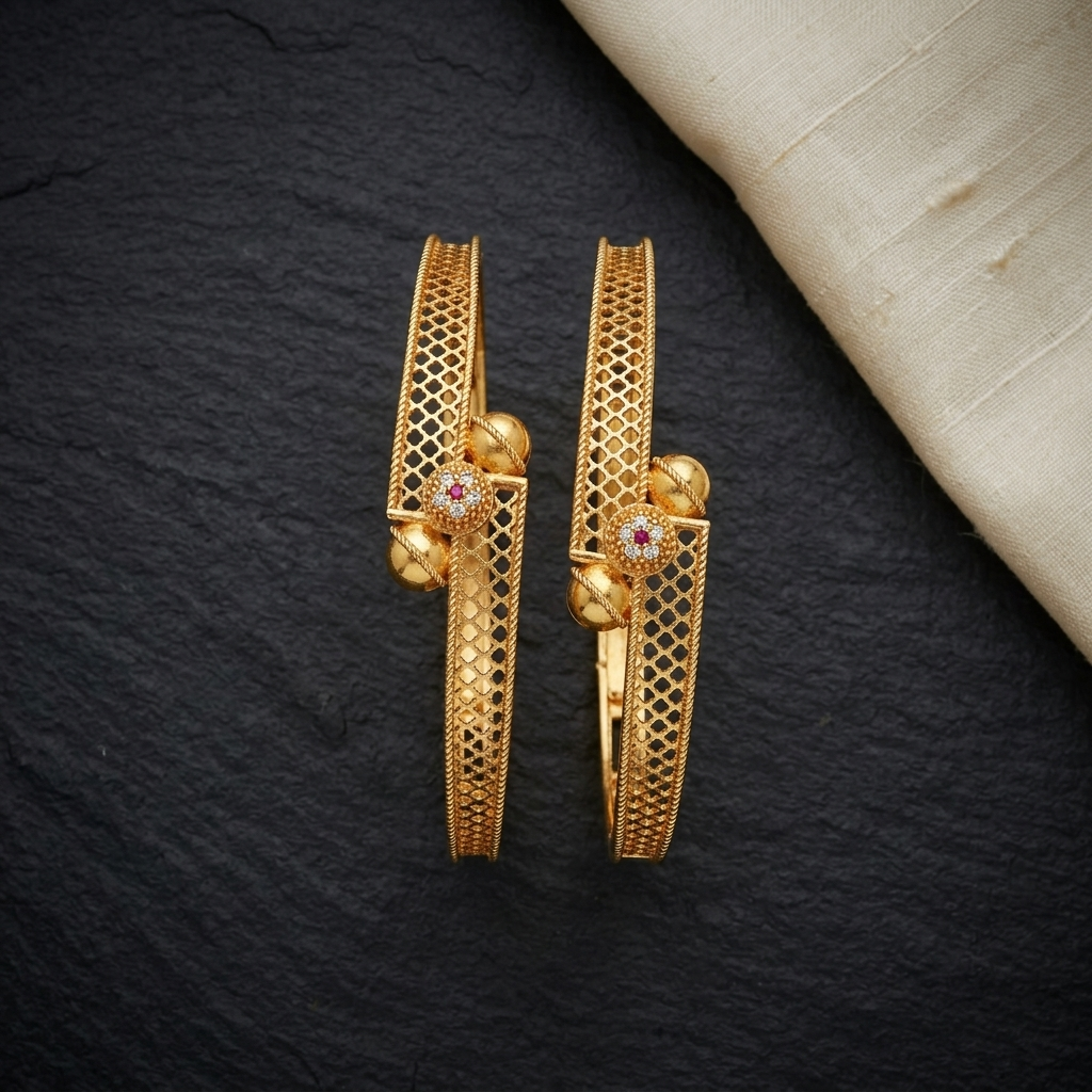 The Aura Filigree Bangle Set (Set of 2) ÔøΩ Handcrafted Gold Kada with Ruby Accents