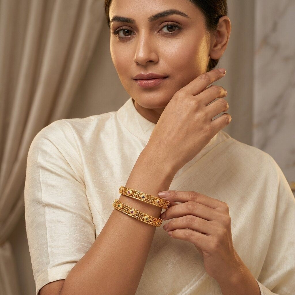Daily Wear Gold-Plated Brass Bangles with Red and Green Stones (Set of 2)