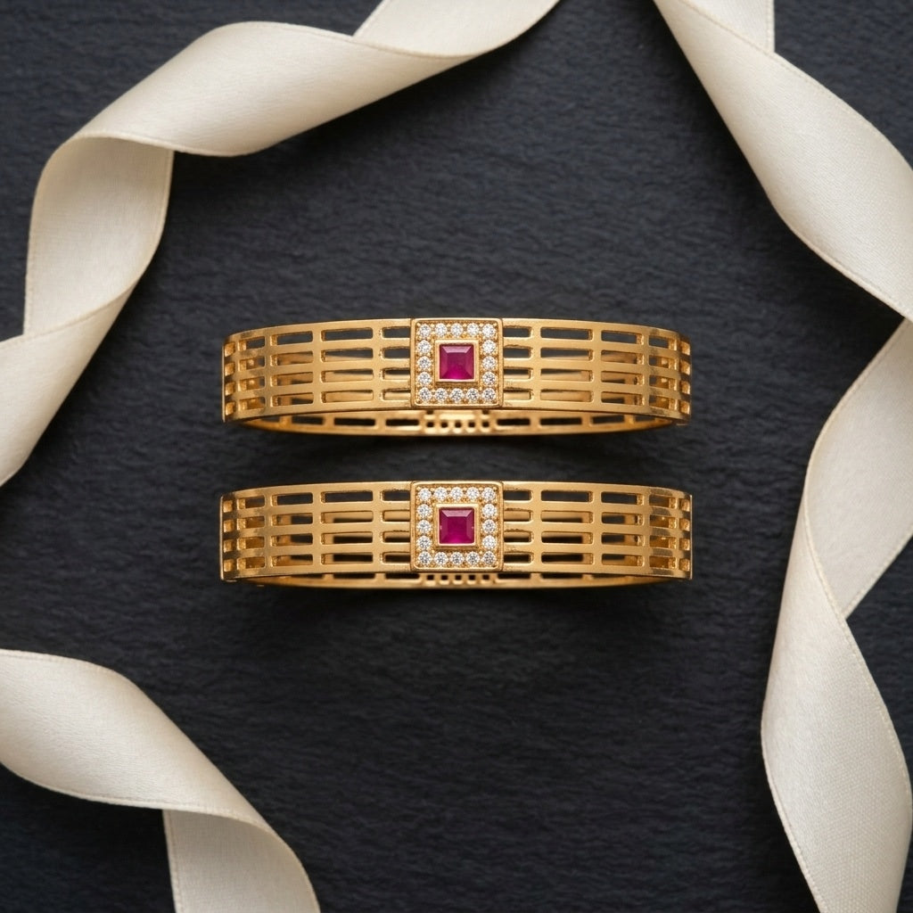 DailyWear Brass Gold-Plated Cut-Out Kada Bangles with Ruby & CZ Accents (Set of 2)