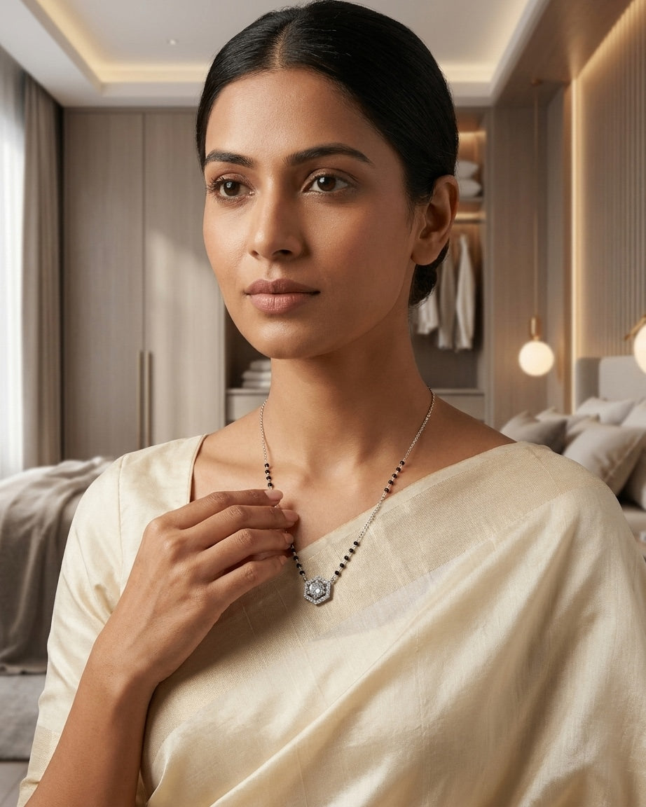 Modern Rhodium-Plated Hexagon Halo Mangalsutra