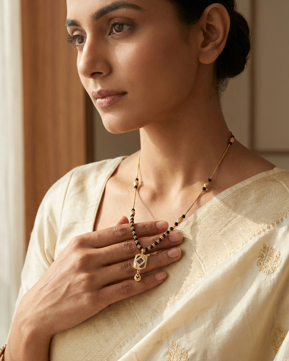 Gold-Tone Brass Rectangular Pendant Mangalsutra | 18-Inch Daily Wear with CZ Stones