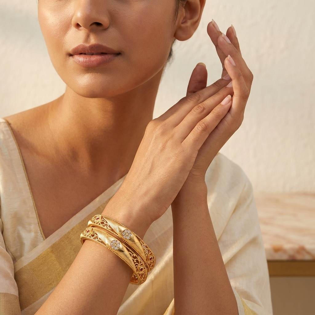 Elegant Brass Gold-Plated Daily Wear Bangles with Intricate Filigree & Stone Accents (Set of 2)