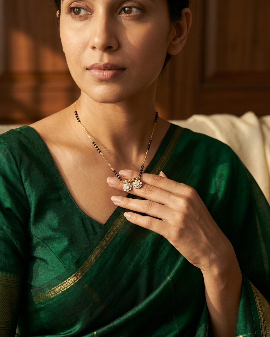 Gold-Plated Double Floral Pendant Mangalsutra with Black Beads