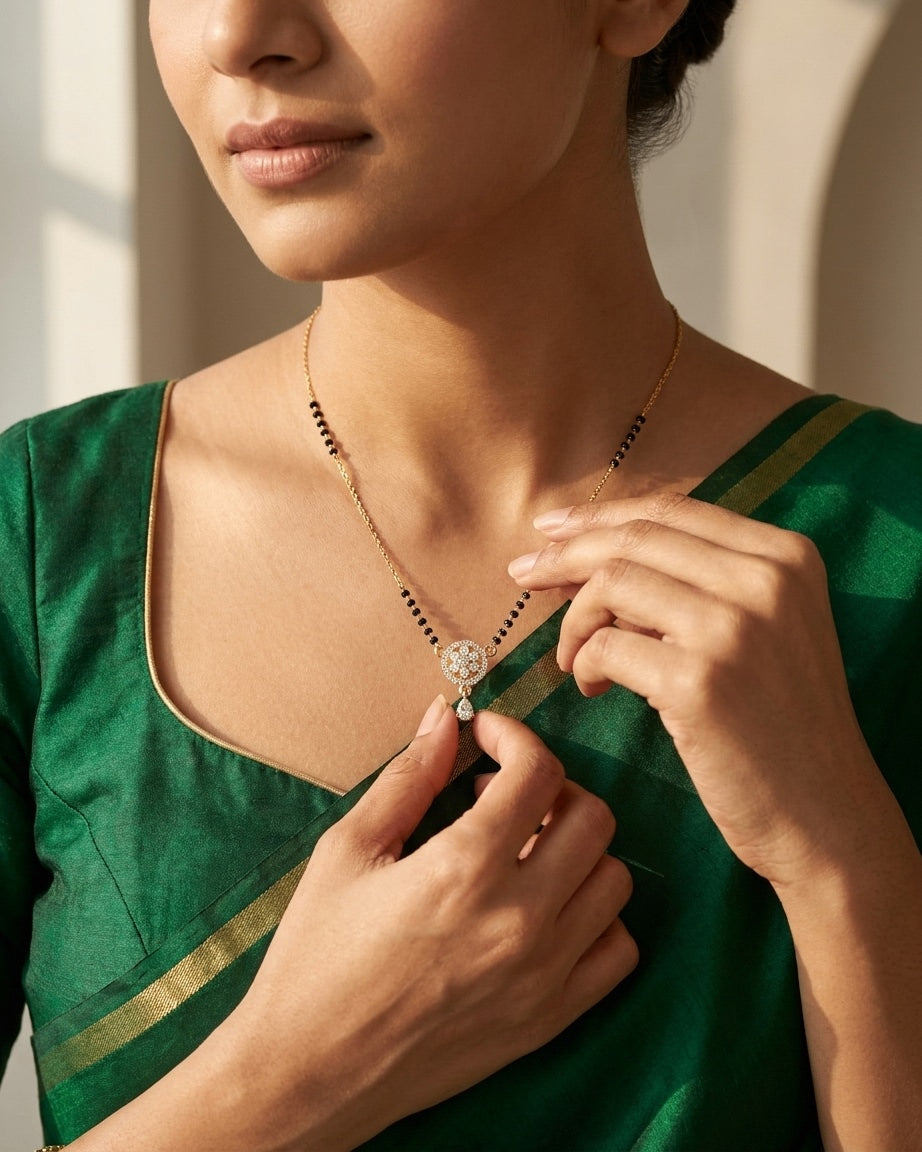 Gold-Plated Round Pendant Mangalsutra with Teardrop Stone