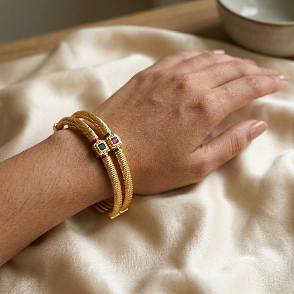 Elegant Brass Daily Wear Kada Bangles with Emerald & Ruby Glass Stones (Set of 2)